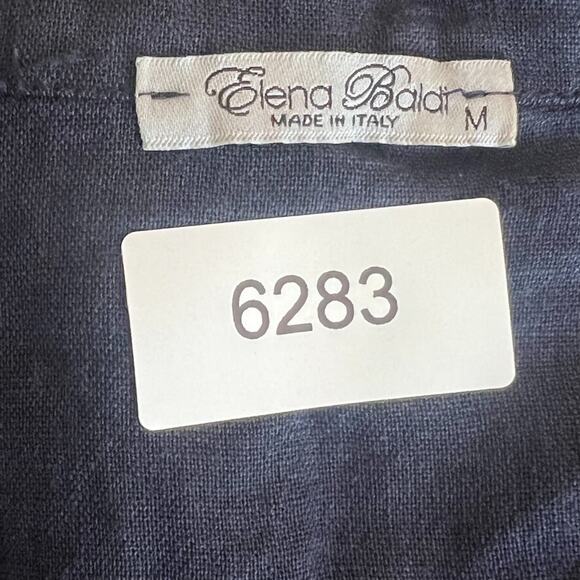 Elena Baldini Blouse Women's Size M Dark Blue Button Up Collared Linen - Picture 4 of 8